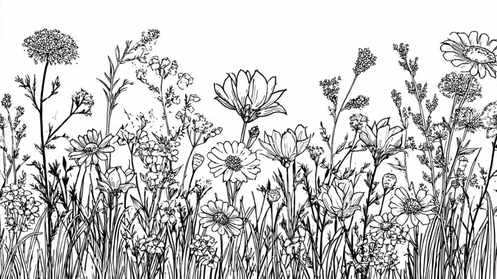 Beautiful Spring Coloring Pages 25 for Kids & Adults wildflower meadow with various small blossoms and