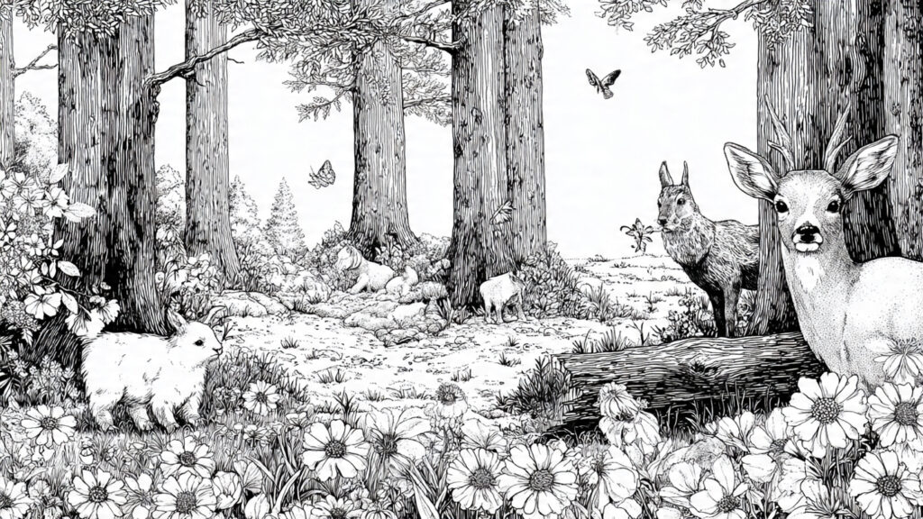Beautiful Spring Coloring Pages 25 for Kids & Adults woodland animals in spring forest clearing with fl