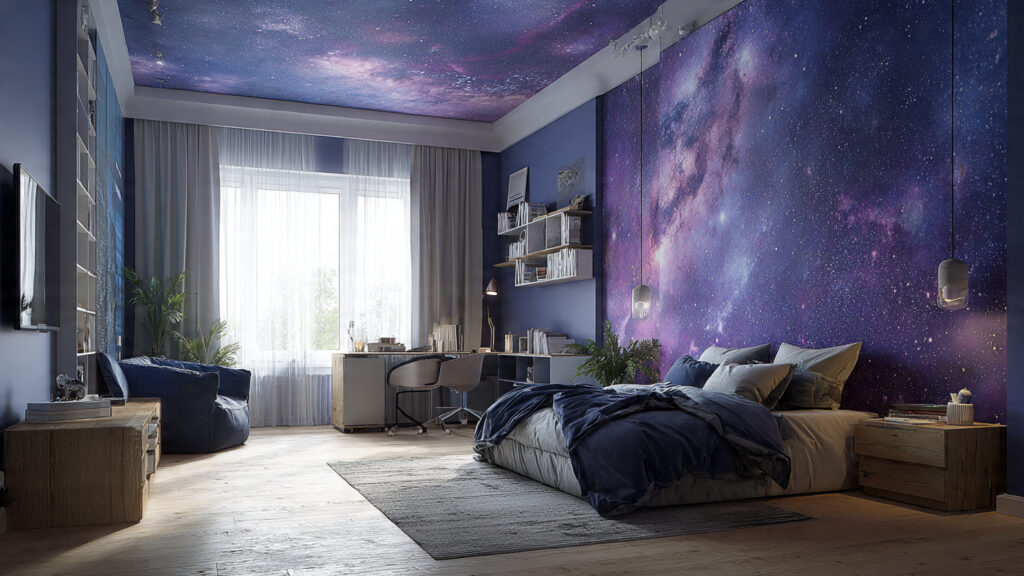 Stunning Wall Decor Painting: 13 Ideas to Transform Your Home a childs bedroom with a galaxy night sky painted w