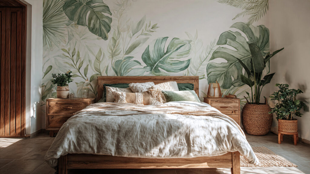 Stunning Wall Decor Painting: 13 Ideas to Transform Your Home a cozy bedroom with a hand painted botanical leaf