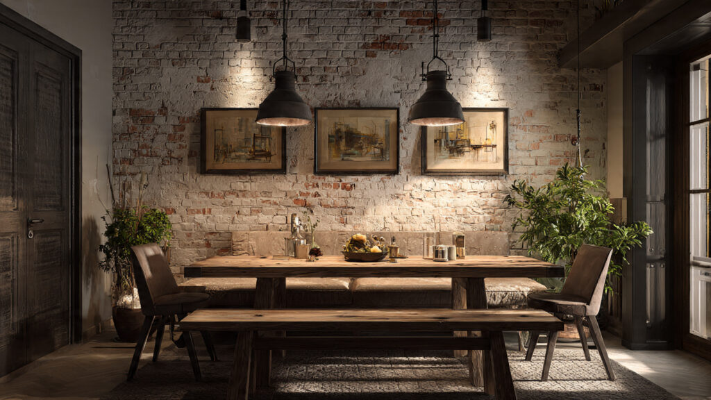 Stunning Wall Decor Painting: 13 Ideas to Transform Your Home a cozy farmhouse dining room with a faux brick pai