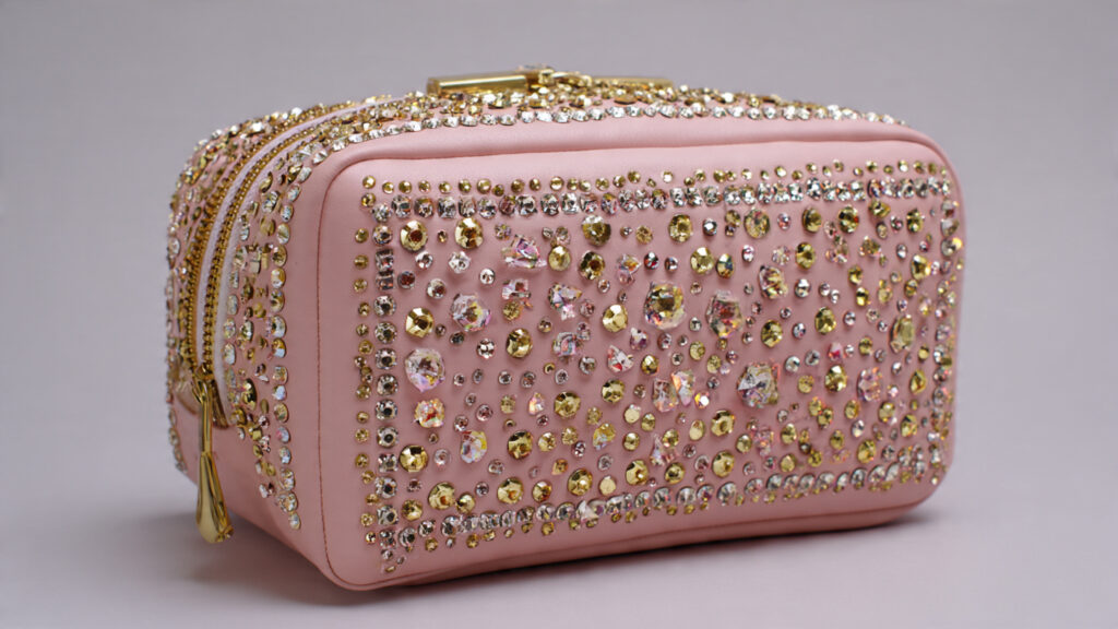 18 Cute Things to Bedazzle for Trendy DIY Crafts and Gifts a pastel pink makeup bag bedazzled with gold and s