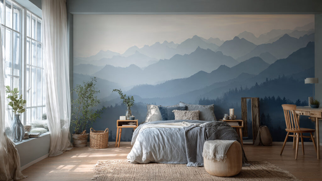 Stunning Wall Decor Painting: 13 Ideas to Transform Your Home a serene bedroom with a hand painted mountain land
