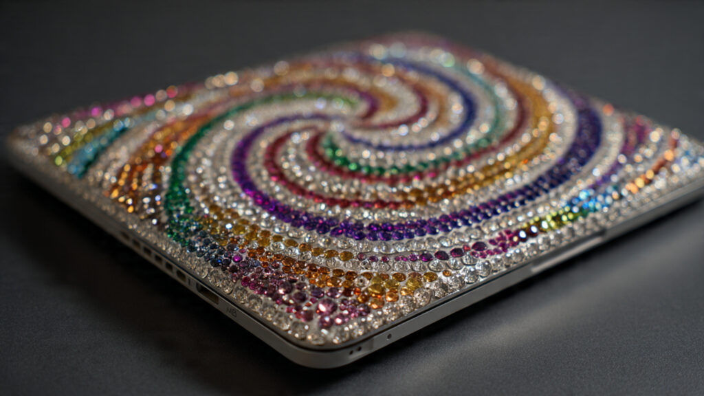 18 Cute Things to Bedazzle for Trendy DIY Crafts and Gifts a silver laptop cover decorated with a spiral of m