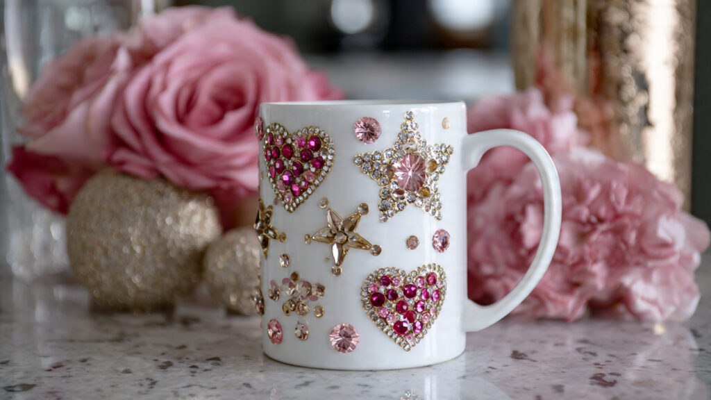 18 Cute Things to Bedazzle for Trendy DIY Crafts and Gifts a white ceramic mug decorated with shiny pink and