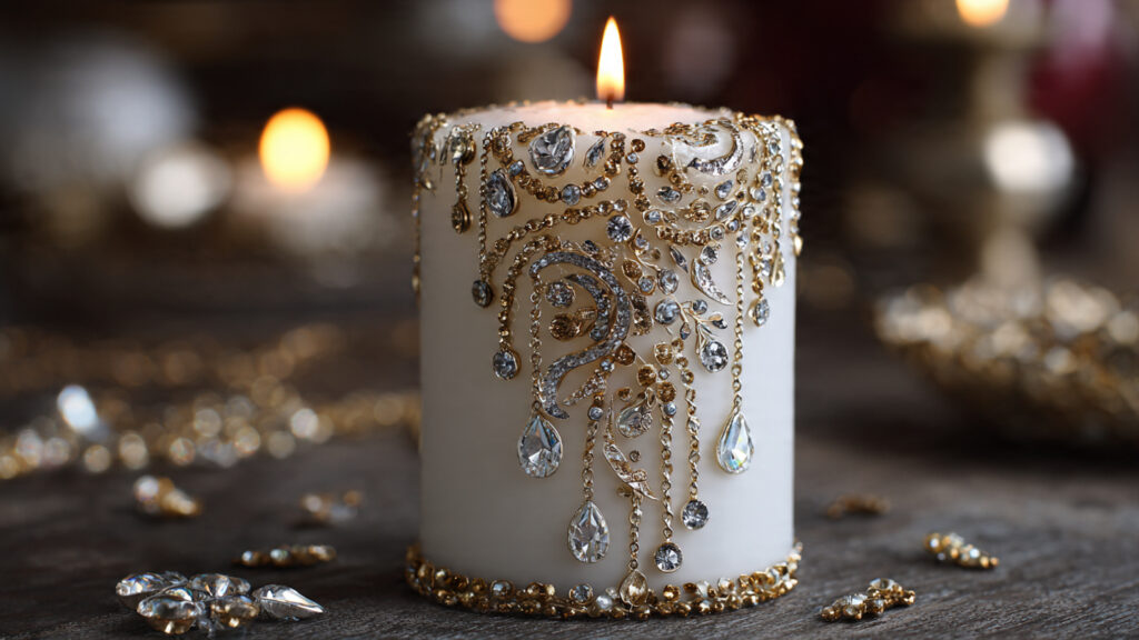 18 Cute Things to Bedazzle for Trendy DIY Crafts and Gifts a white pillar candle decorated with gold and silv