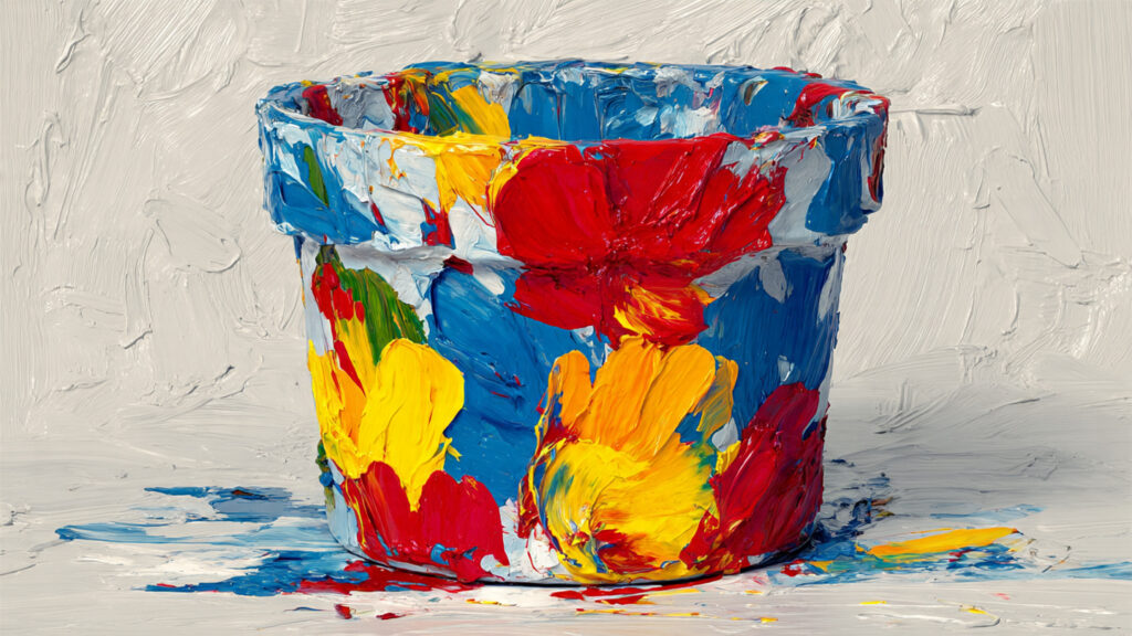 25 Creative Flower Pot Painting Ideas for DIY Garden Décor abstract painted flower pot with bold red blue and