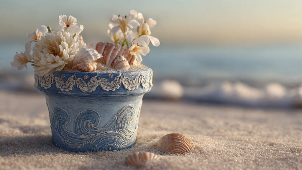 25 Creative Flower Pot Painting Ideas for DIY Garden Décor beach themed flower pot with ocean waves and seash