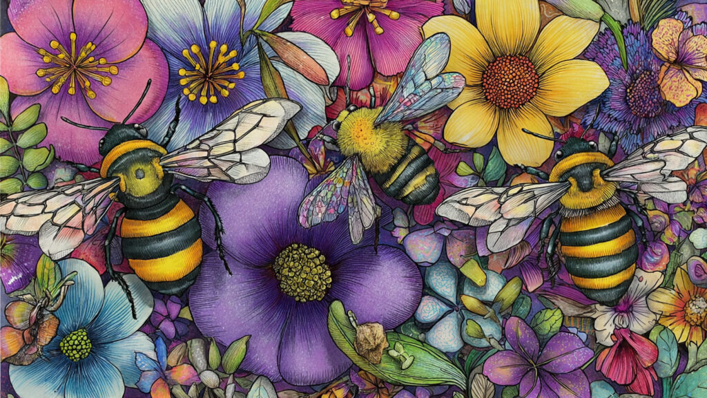 Spring Drawing Ideas: Creative Inspiration for Seasonal Art bee and flower drawing with bees flying around col