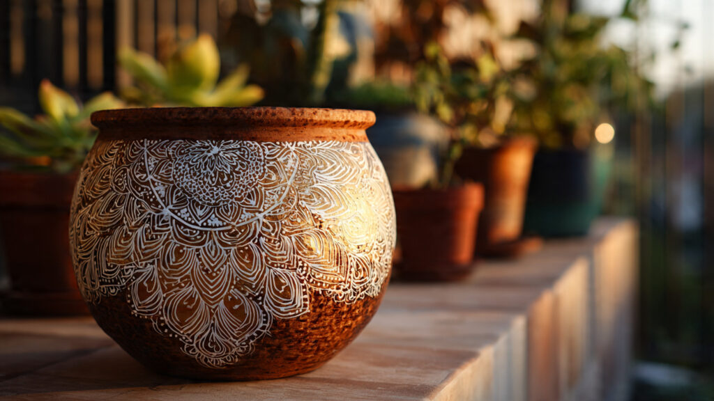 25 Creative Flower Pot Painting Ideas for DIY Garden Décor boho mandala painted terracotta pot intricate whit