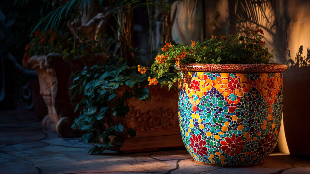 25 Creative Flower Pot Painting Ideas for DIY Garden Décor colorful mosaic pattern painted flower pot mediter