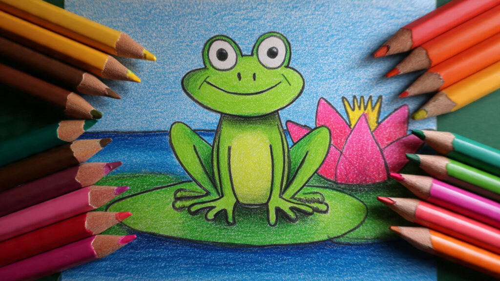 Adorable Cute Drawings for Kids 9: Fun & Easy Art Ideas cute green frog cartoon drawing for kids sitting o