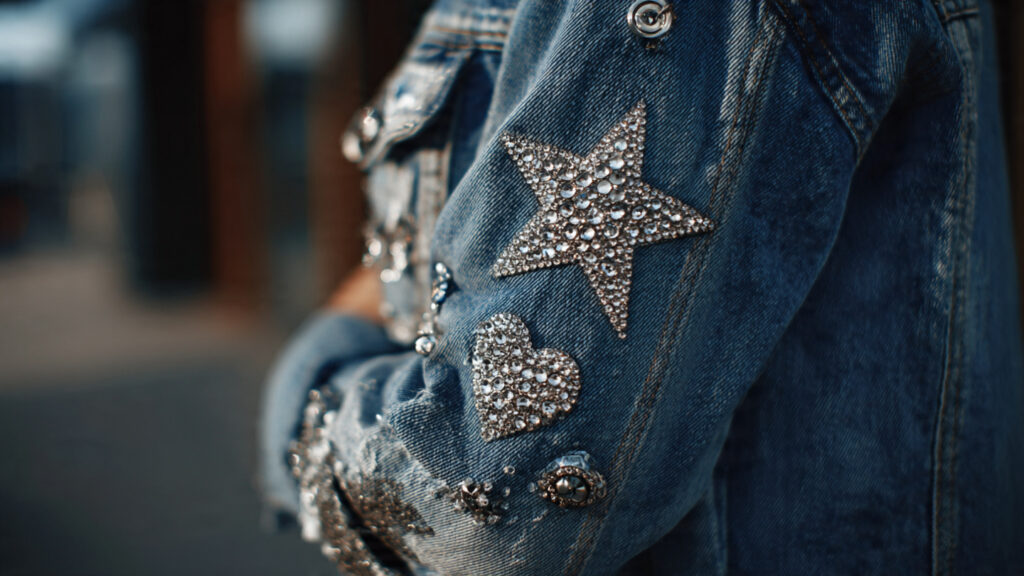 18 Cute Things to Bedazzle for Trendy DIY Crafts and Gifts denim jacket sleeve adorned with sparkling rhinest