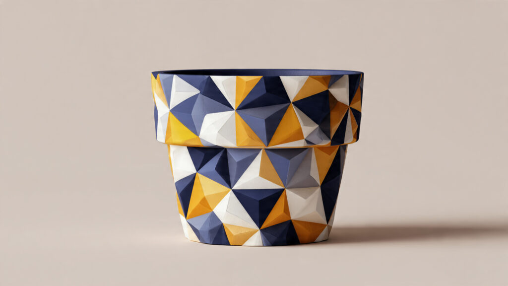 25 Creative Flower Pot Painting Ideas for DIY Garden Décor geometric painted flower pot with navy mustard and