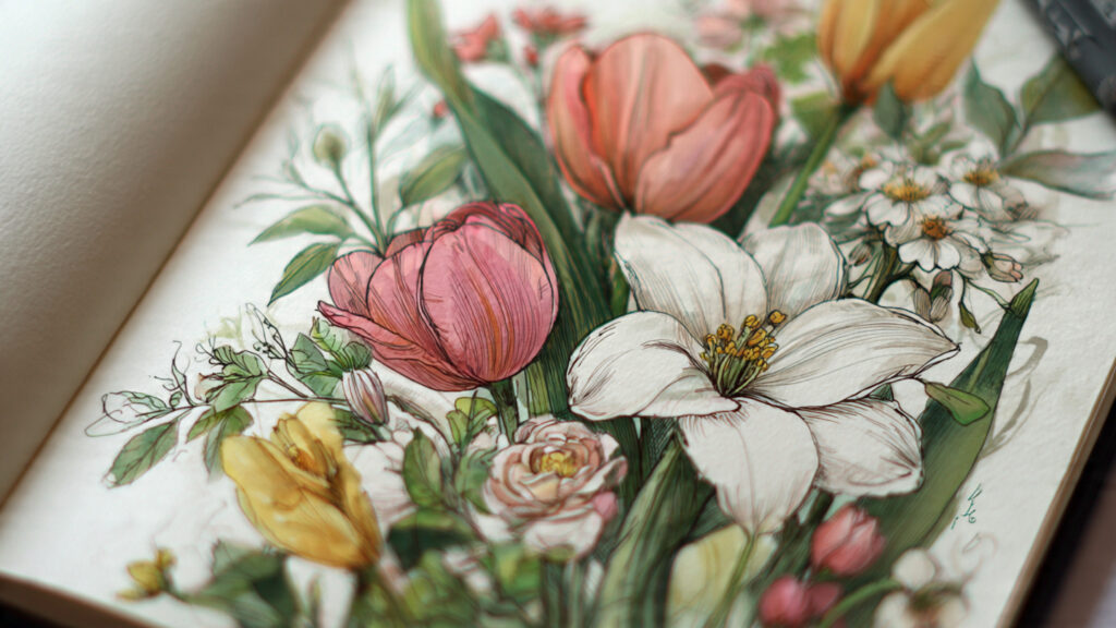 Spring Drawing Ideas: Creative Inspiration for Seasonal Art hand drawn spring flower drawing with tulips daisi