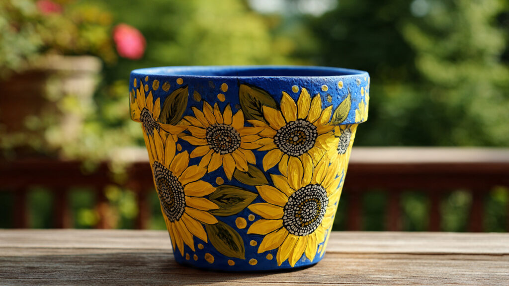 25 Creative Flower Pot Painting Ideas for DIY Garden Décor hand painted sunflower flower pot blue base bright