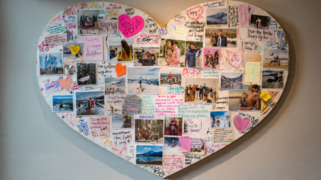 heart shaped family photo collage board with handw