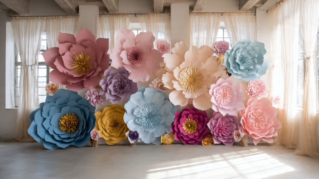 large colorful paper flower wall backdrop in paste