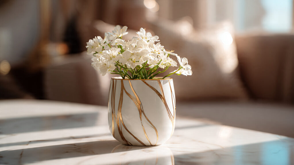 25 Creative Flower Pot Painting Ideas for DIY Garden Décor minimalist white flower pot with gold metallic abs