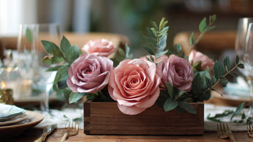 paper rose table centerpiece in wooden box romanti