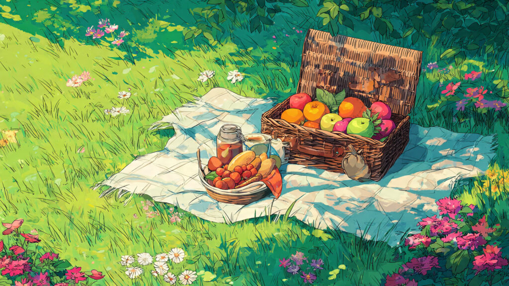 Spring Drawing Ideas: Creative Inspiration for Seasonal Art spring picnic drawing with basket fruits blanket a