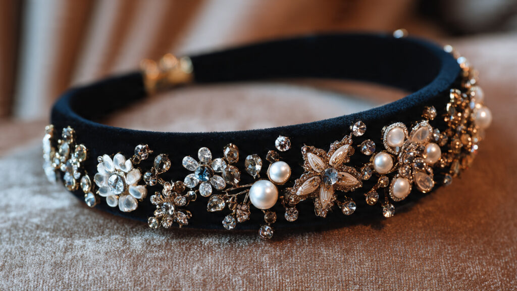 18 Cute Things to Bedazzle for Trendy DIY Crafts and Gifts velvet headband adorned with a mix of smal