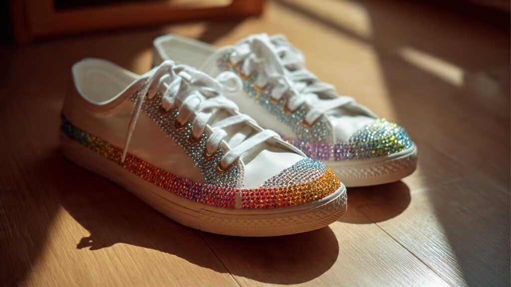 18 Cute Things to Bedazzle for Trendy DIY Crafts and Gifts white canvas sneakers covered with rainbow rhinest