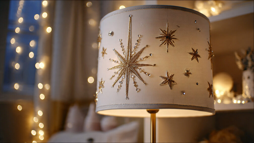 18 Cute Things to Bedazzle for Trendy DIY Crafts and Gifts white fabric lampshade decorated with gold rhinest