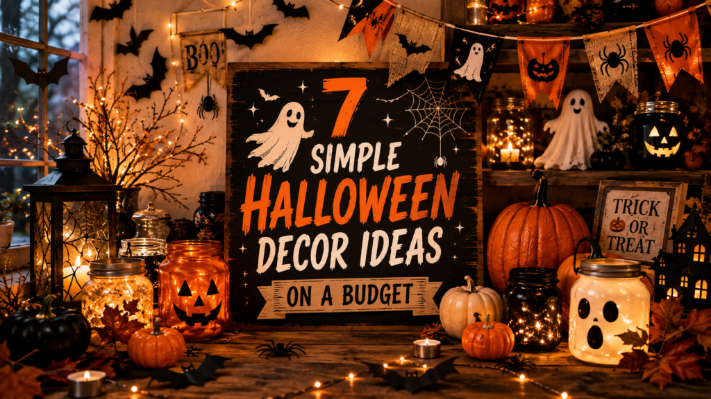 7 simple Halloween decor ideas on a budget with DIY pumpkins, ghosts, bats, jars, spider webs, and cozy Halloween decorations.
