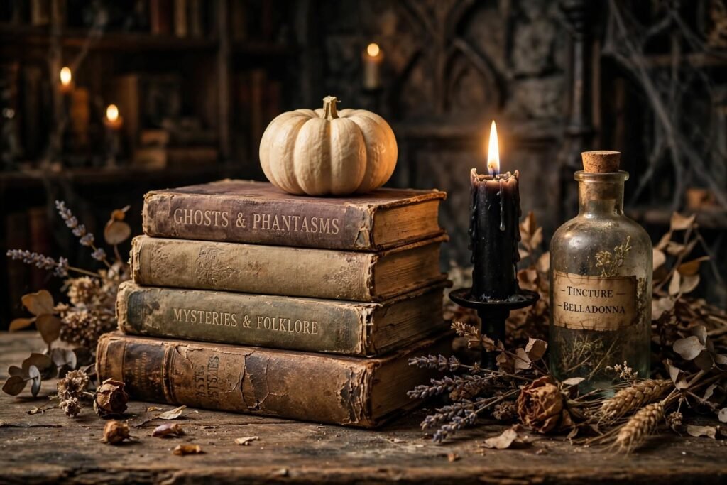 12 Easy Vintage Halloween Decorations antique books candlelight