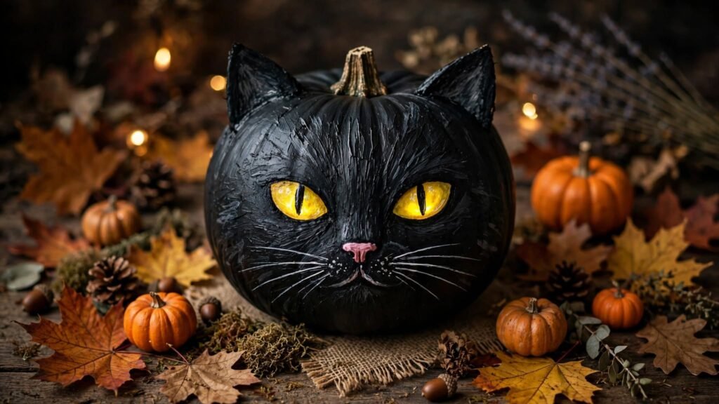 20 Pumpkin Painting Ideas for Halloween black cat pumpkin craft 1