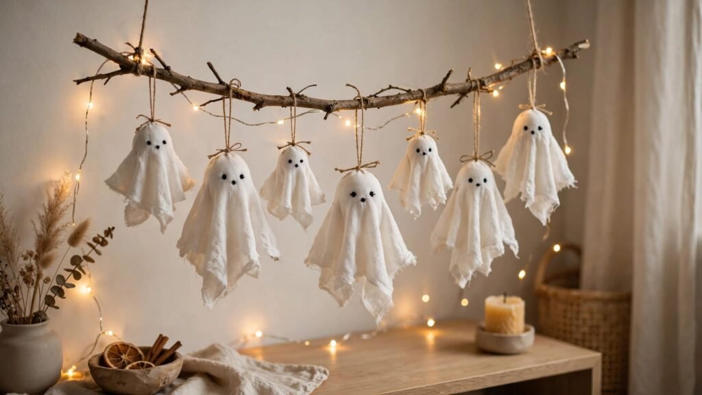 Cute handmade cotton ghost decorations hanging from a branch for simple Halloween decor.