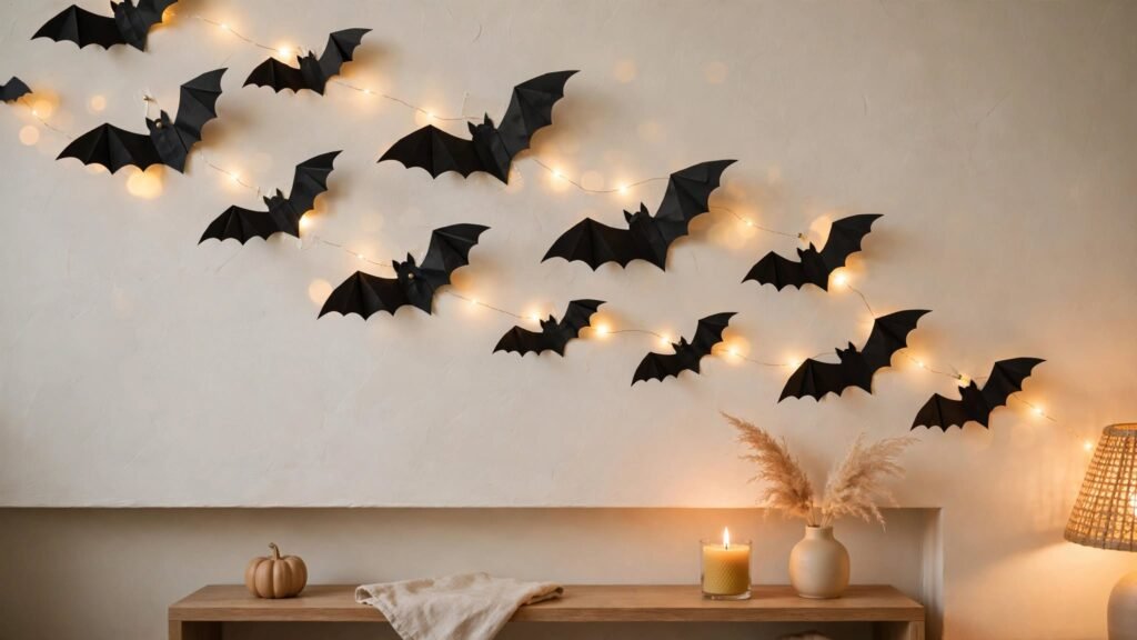 Simple DIY Halloween paper bat wall decor made with black paper bats in a cozy room.