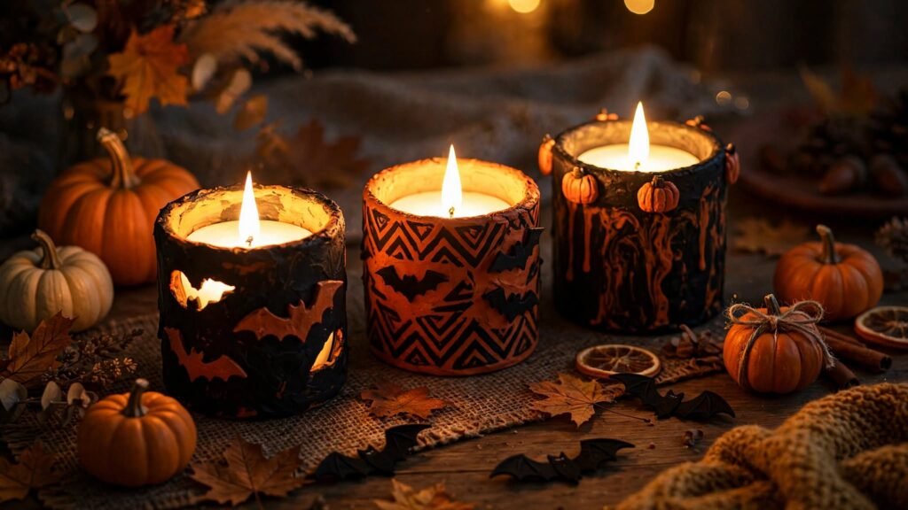 7 Simple Halloween Decor Ideas on a Budget Budget-friendly DIY Halloween candle holders decorated with pumpkins, bats, and spooky details.