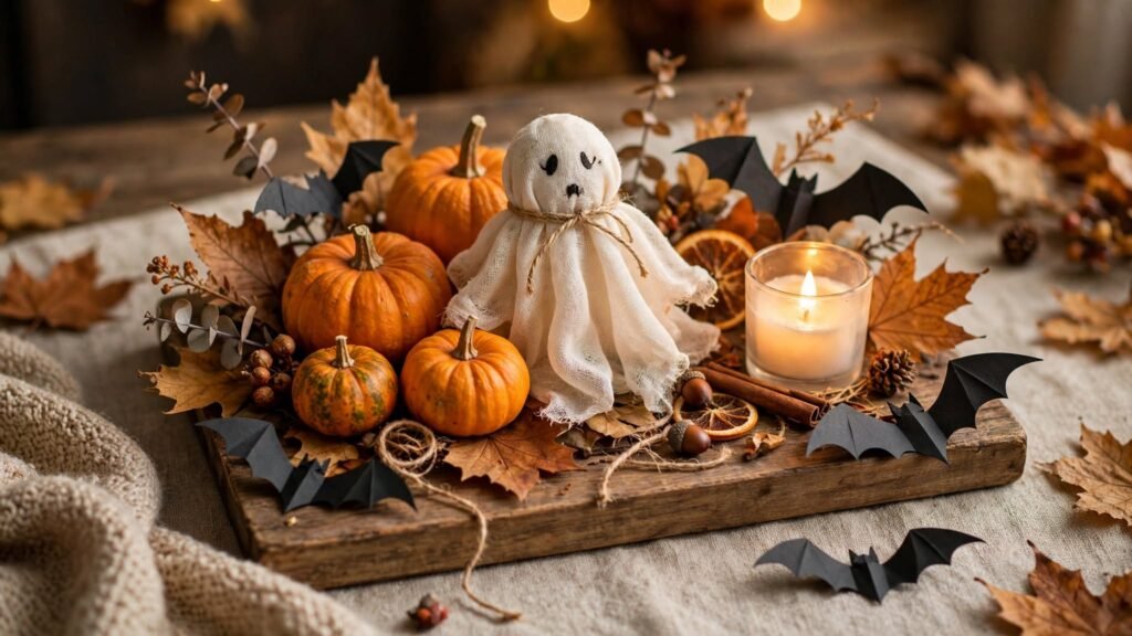 7 Simple Halloween Decor Ideas on a Budget Simple Halloween table centerpiece with mini pumpkins, handmade ghost, paper bats, autumn leaves, and LED candle.