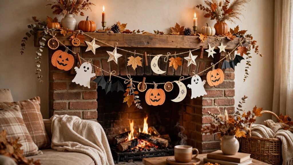 7 Simple Halloween Decor Ideas on a Budget Easy DIY Halloween garland made with paper pumpkins, ghosts, bats, moons, and stars.
