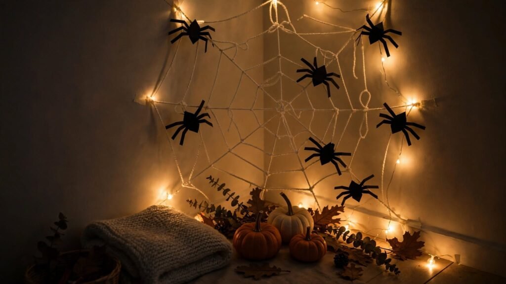 7 Simple Halloween Decor Ideas on a Budget DIY Halloween spider web corner decorated with handmade black spiders, pumpkins, and warm lights.