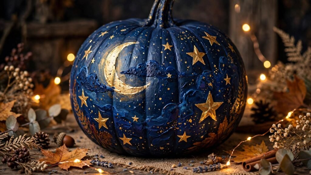 20 Pumpkin Painting Ideas for Halloween navy pumpkin night sky