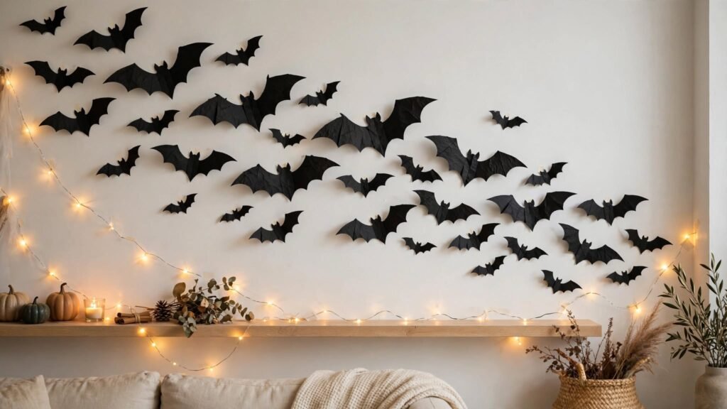 15 Easy & Simple Halloween Decor Ideas paper bat wall display