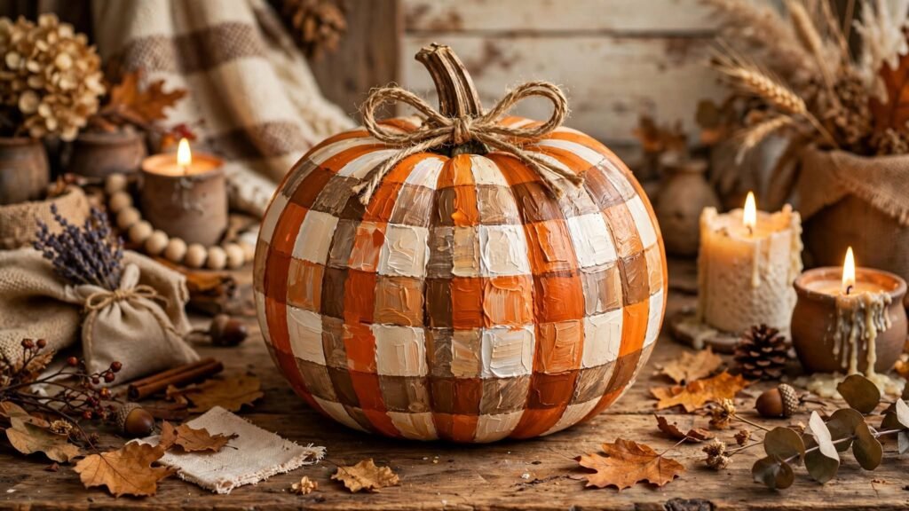 20 Pumpkin Painting Ideas for Halloween plaid pumpkin still life