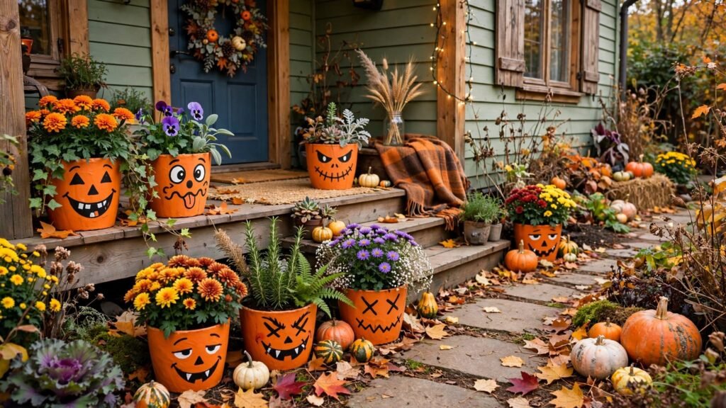 pumpkin face planters porch