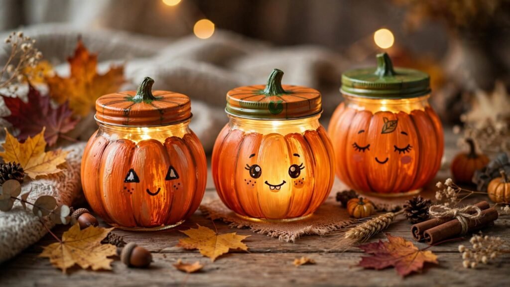 DIY Halloween pumpkin jars with painted jack-o-lantern faces and glowing LED lights.