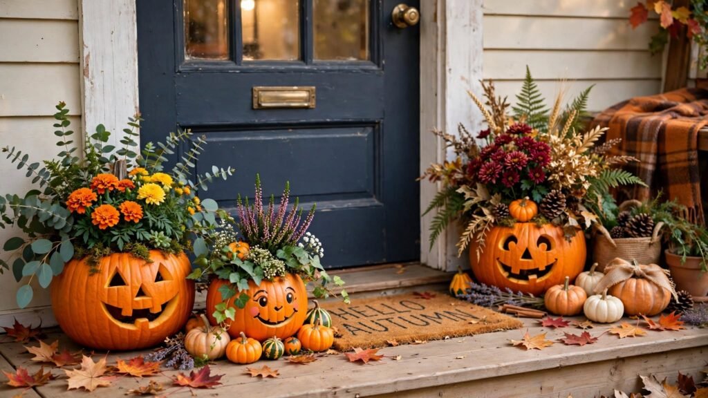 9 DIY Outdoor Halloween Decoration Ideas pumpkin planter porch