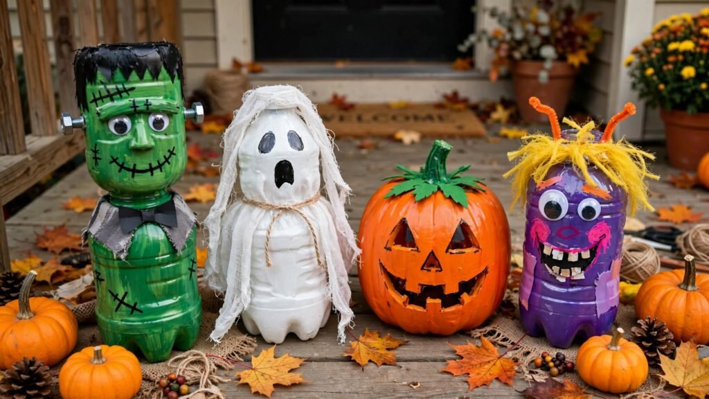 9 DIY Outdoor Halloween Decoration Ideas recycled bottle monsters