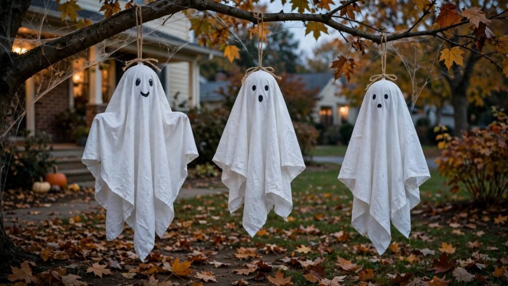 9 DIY Outdoor Halloween Decoration Ideas sheet ghosts dusk