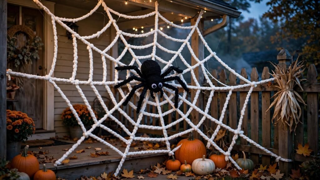 9 DIY Outdoor Halloween Decoration Ideas yarn spiderweb porch